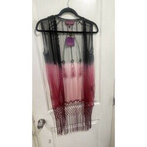 Sweet Sinammon Boho Fringe Kimono Sheer Mesh Duster Black Red Ombre Cover Up M-L